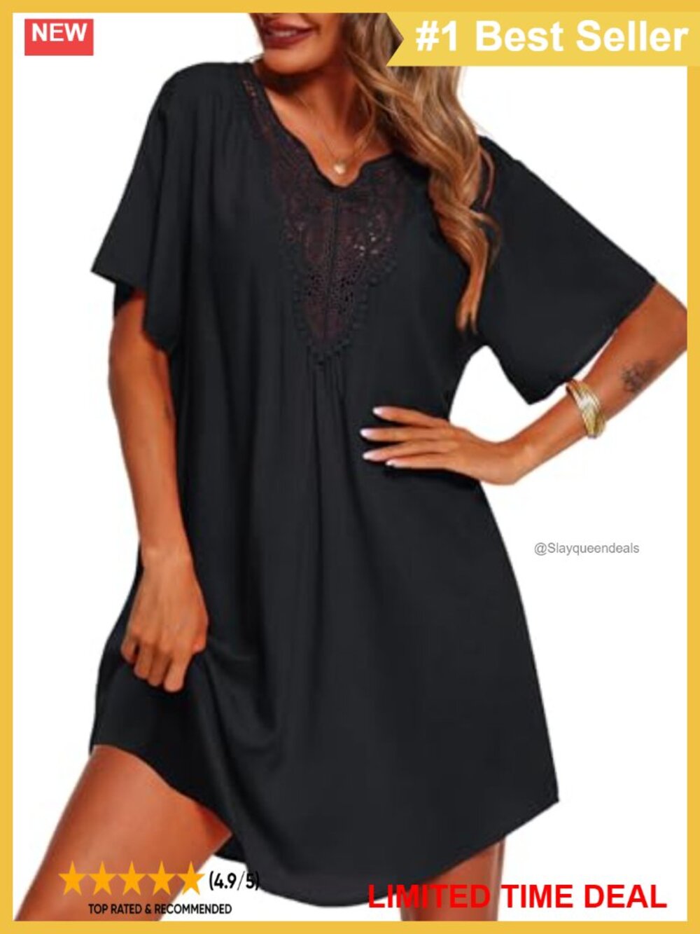 Lace Crochet V Neck Beach Swimsuit Cover Up Dress 100% Rayon